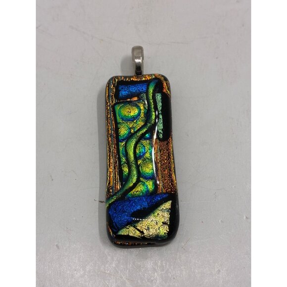 Handcrafted Dichroic Glass Pendant With Abstract Multicolor Design & Silver-Tone - Picture 1 of 5